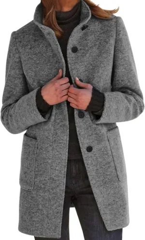 ZWRXW Winter Long Pea Coat for Women Casual Stand Collar Wool Blend Coats Single Breasted Thicken Blazer Jacket with Pockets