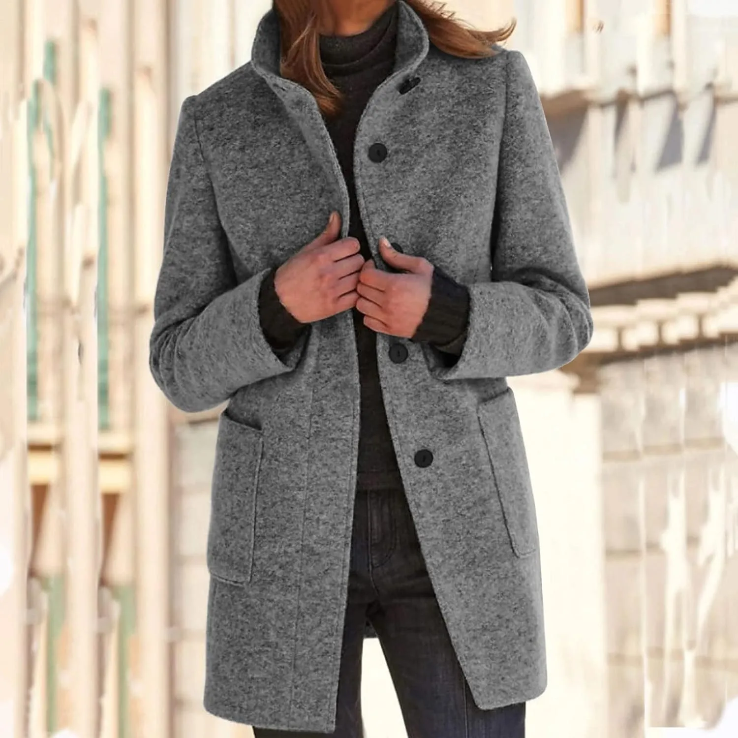 ZWRXW Winter Long Pea Coat for Women Casual Stand Collar Wool Blend Coats Single Breasted Thicken Blazer Jacket with Pockets