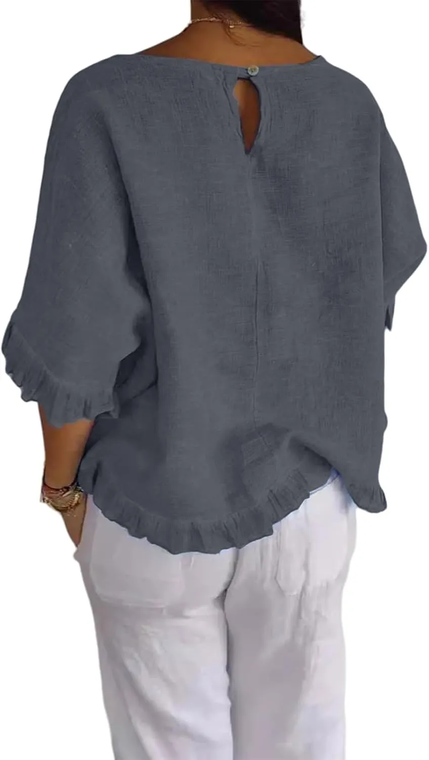 ZWRXW Women's Cotton Linen Tops Summer Babydoll Tops Short Sleeve Crew Neck T-Shirts Solid Color Crewneck Tee Tunic Shirts