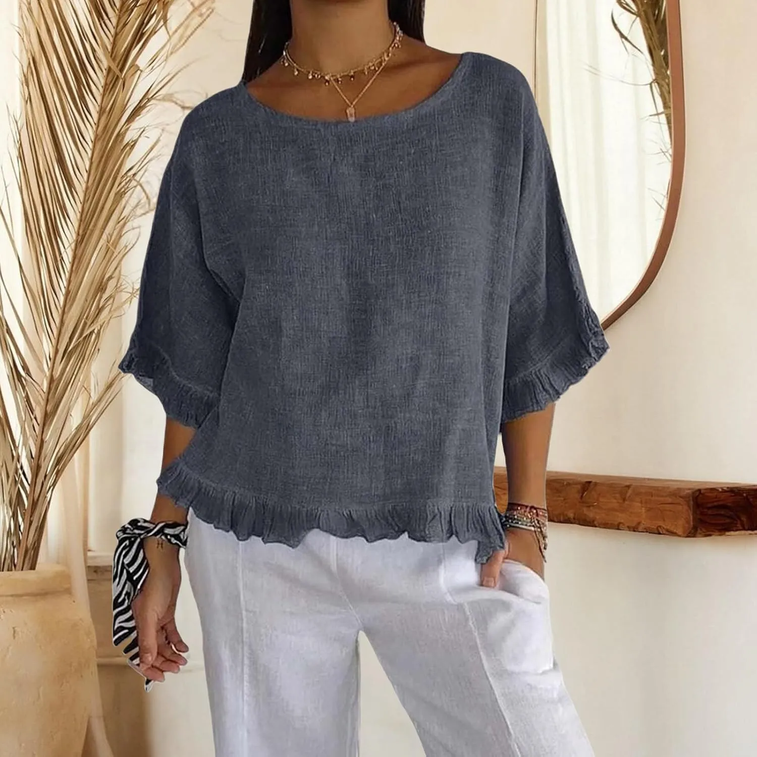 ZWRXW Women's Cotton Linen Tops Summer Babydoll Tops Short Sleeve Crew Neck T-Shirts Solid Color Crewneck Tee Tunic Shirts