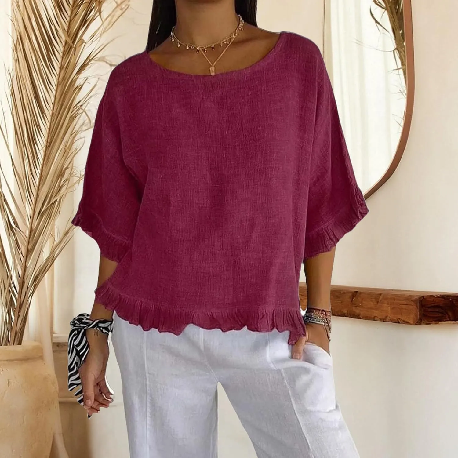 ZWRXW Women's Cotton Linen Tops Summer Babydoll Tops Short Sleeve Crew Neck T-Shirts Solid Color Crewneck Tee Tunic Shirts