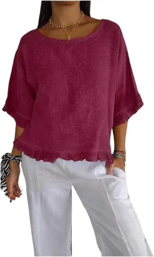 ZWRXW Women's Cotton Linen Tops Summer Babydoll Tops Short Sleeve Crew Neck T-Shirts Solid Color Crewneck Tee Tunic Shirts