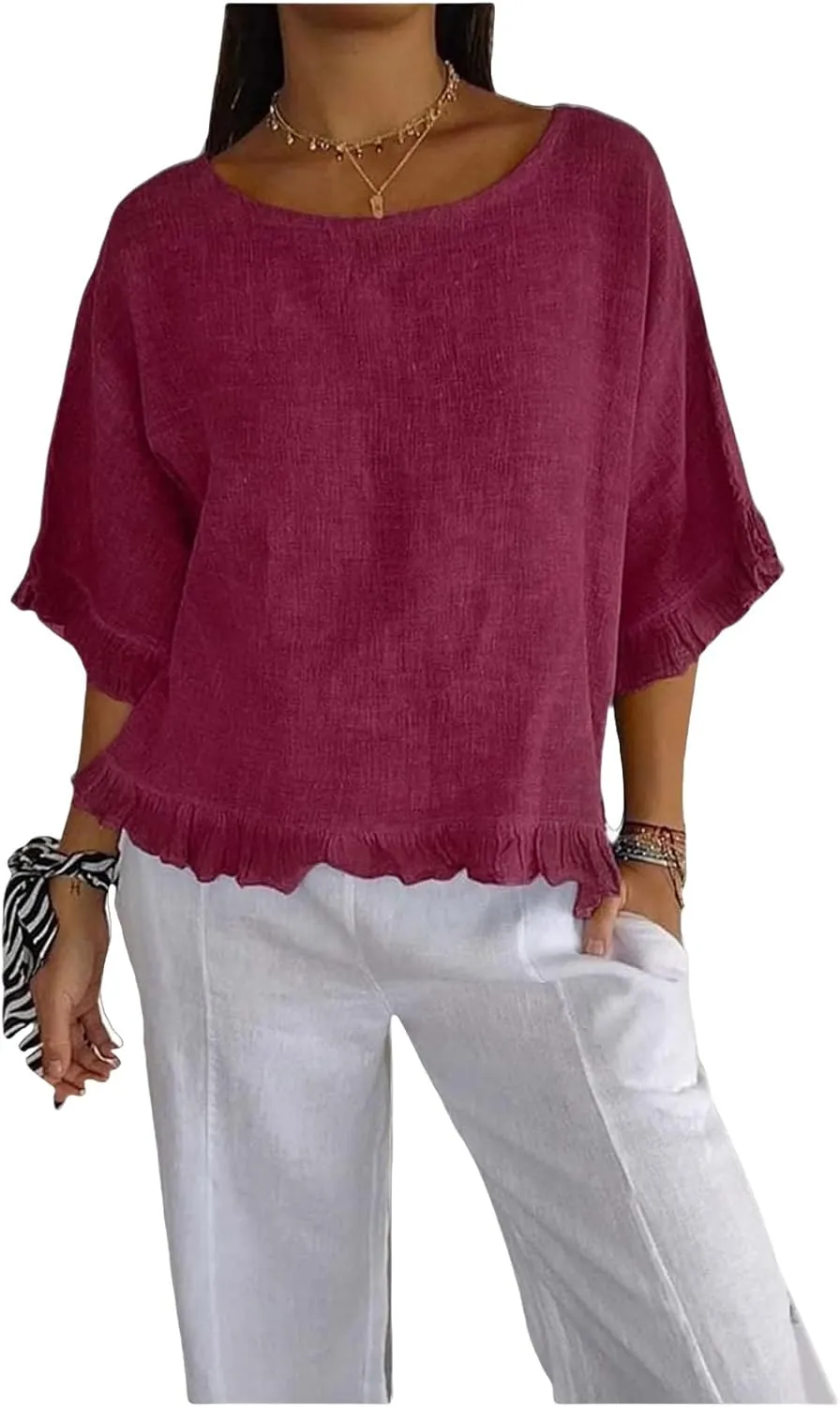 ZWRXW Women's Cotton Linen Tops Summer Babydoll Tops Short Sleeve Crew Neck T-Shirts Solid Color Crewneck Tee Tunic Shirts