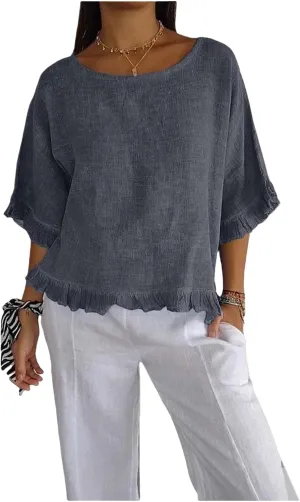 ZWRXW Women's Cotton Linen Tops Summer Babydoll Tops Short Sleeve Crew Neck T-Shirts Solid Color Crewneck Tee Tunic Shirts